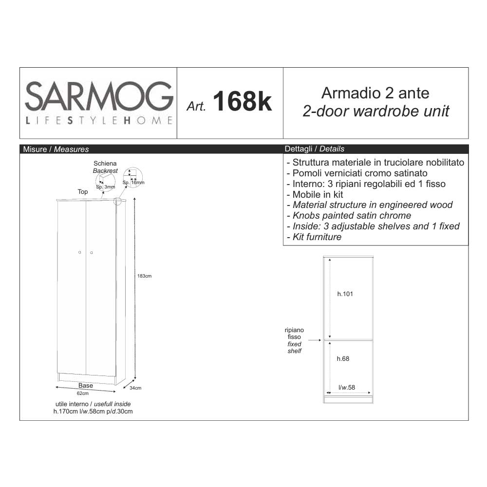 Mobile guardaroba a 2 ante e 4 Ripiani H180 con maniglia cromata cm finitura Bianco Liscio by Sarmog by CeramicStore | Lo specialista del tuo bagno