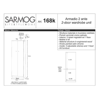 Mobile guardaroba a 2 ante e 4 Ripiani H180 con maniglia cromata cm finitura Bianco Liscio by Sarmog by CeramicStore | Lo specialista del tuo bagno
