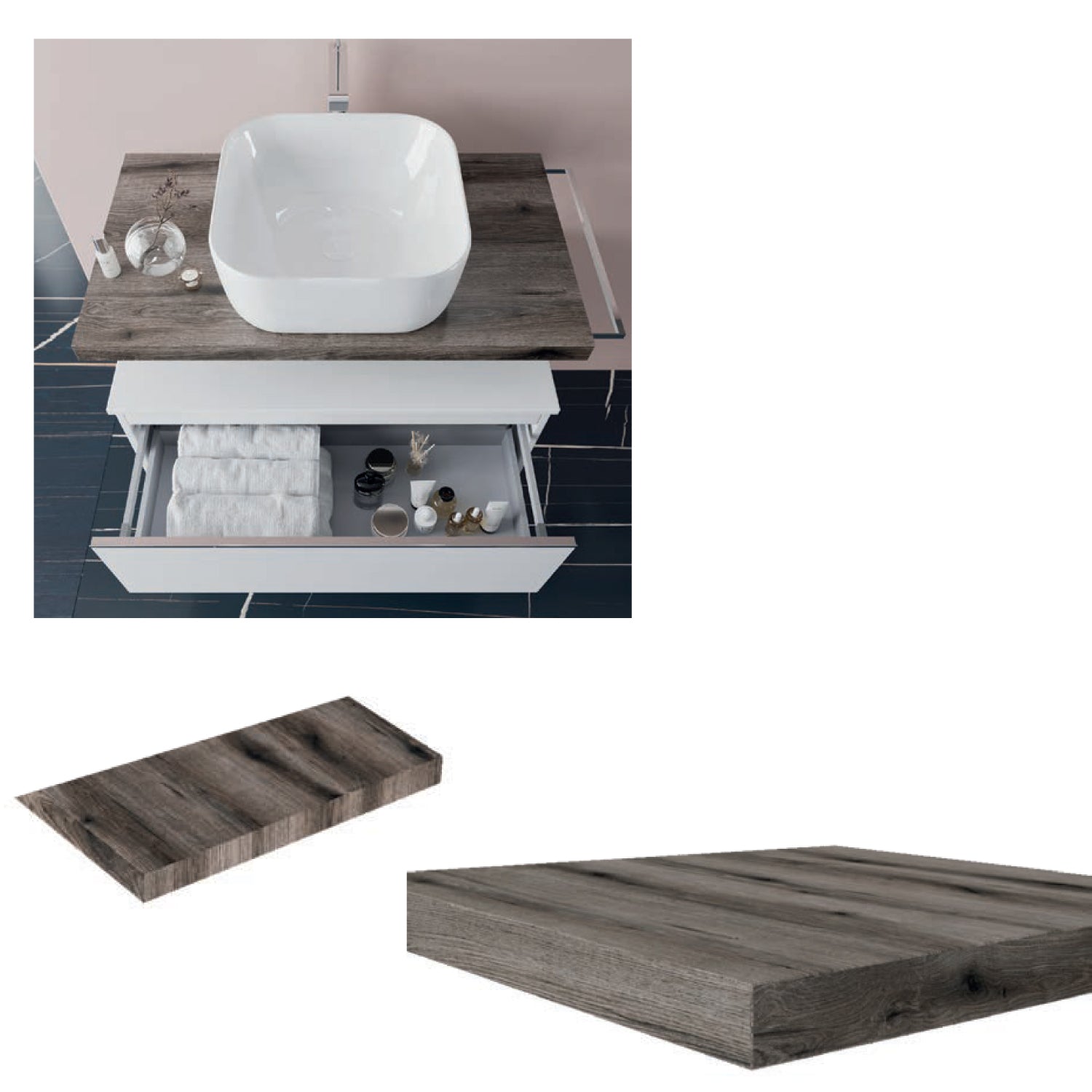 Mobile bagno con lavabo d'appoggio in ceramica e specchio led cm 80 bianco lucido e rovere fossile - Cubi&Co modello Destiny 2 by CeramicStore | Lo specialista del tuo bagno