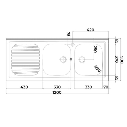 Lavello da cucina in acciaio inox con 2 vasche e sgocciolatoio a sinistra 120x50 cm by CeramicStore | Lo specialista del tuo bagno