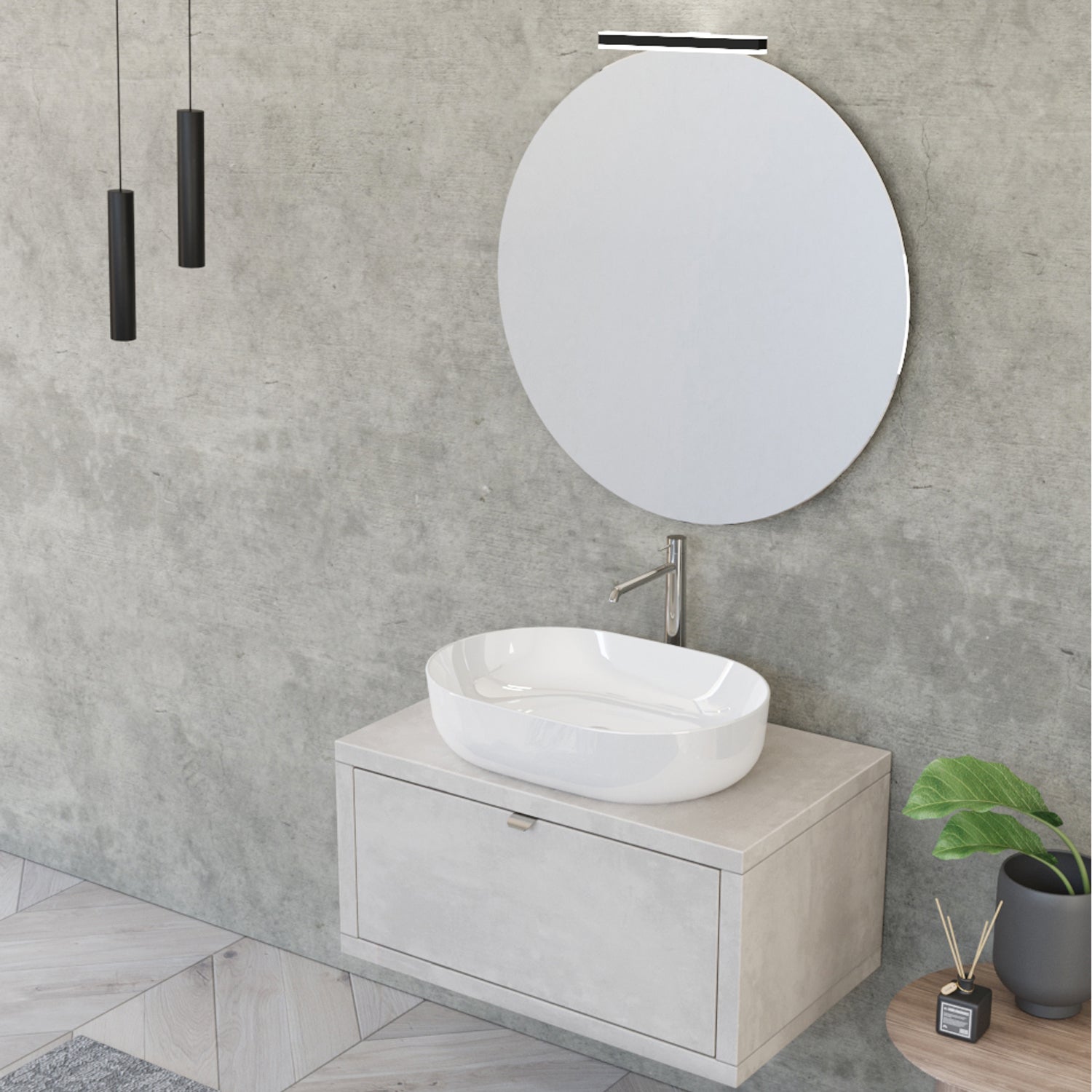 Composizione bagno sospesa Nyumba a 1 cassetto con lavabo, specchio e lampada LED 80x40 cm grigio cielo by CeramicStore | Lo specialista del tuo bagno