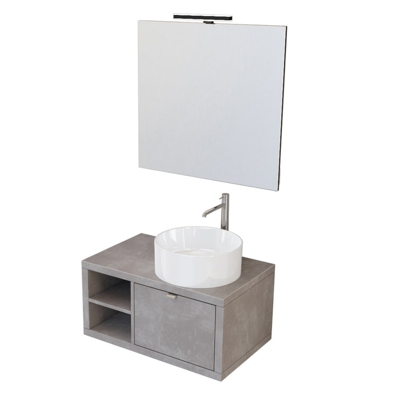 Composizione bagno sospesa Nyumba a 1 cassetto e vano a giorno con lavabo, specchio e lampada LED e pensile 80x40 cm grigio caldo by CeramicStore | Lo specialista del tuo bagno