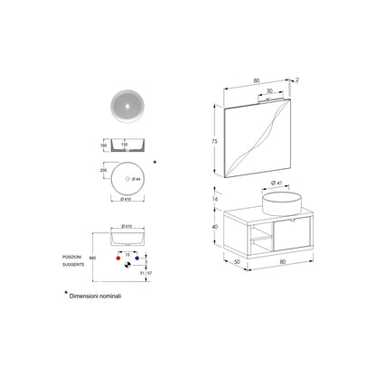 Composizione bagno sospesa Nyumba a 1 cassetto e vano a giorno con lavabo, specchio e lampada LED e pensile 80x40 cm grigio caldo by CeramicStore | Lo specialista del tuo bagno