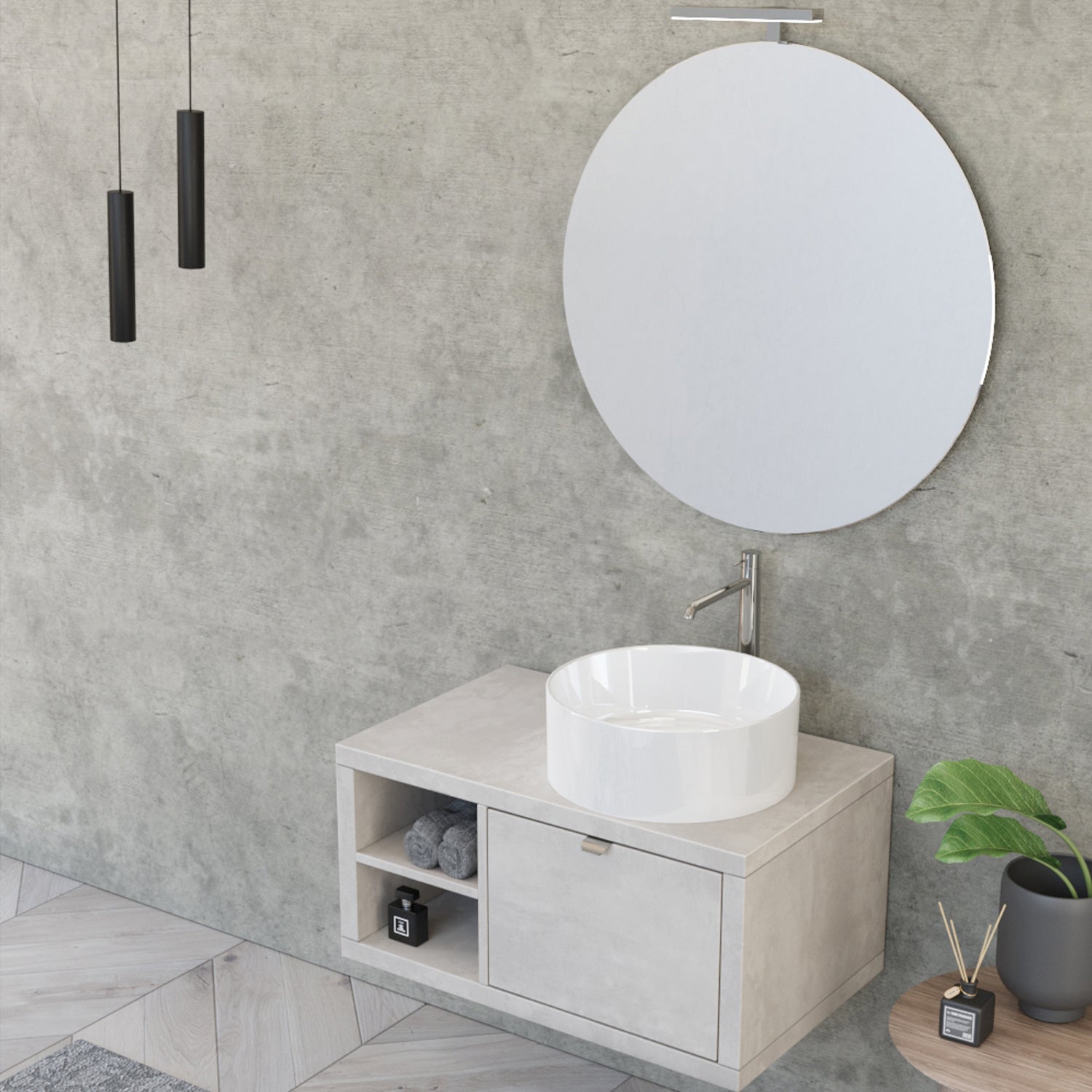 Composizione bagno sospesa Nyumba a 1 cassetto e vano a giorno con lavabo, specchio e lampada LED 80x40 cm grigio cielo by CeramicStore | Lo specialista del tuo bagno