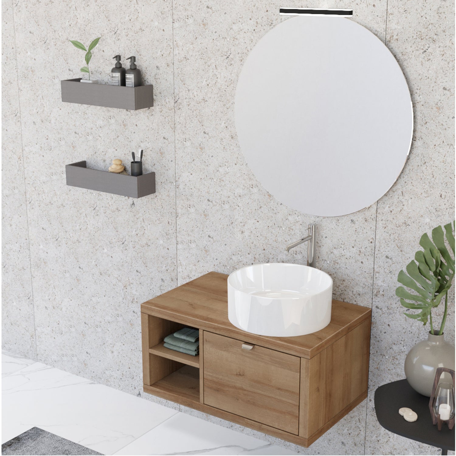 Composizione bagno sospesa Nyumba a 1 cassetto e vano a giorno con lavabo, specchio e lampada LED 80x40 cm legno rovere by CeramicStore | Lo specialista del tuo bagno