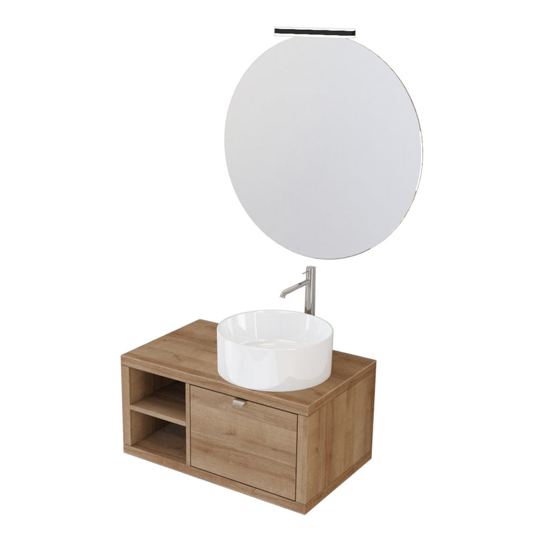 Composizione bagno sospesa Nyumba a 1 cassetto e vano a giorno con lavabo, specchio e lampada LED 80x40 cm legno rovere by CeramicStore | Lo specialista del tuo bagno
