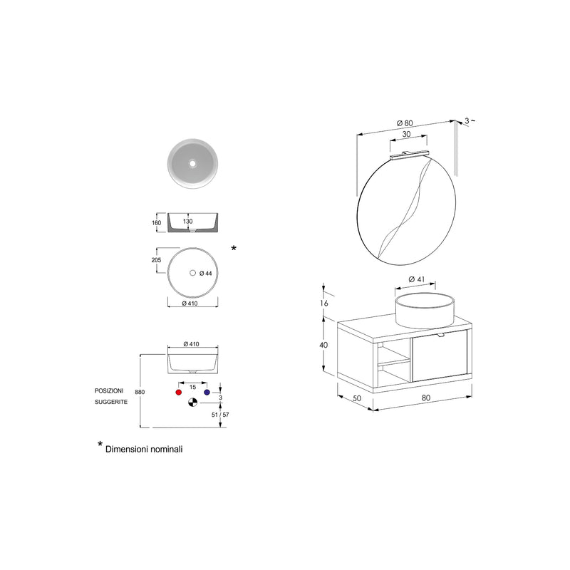 Composizione bagno sospesa Nyumba a 1 cassetto e vano a giorno con lavabo, specchio e lampada LED 80x40 cm legno rovere by CeramicStore | Lo specialista del tuo bagno