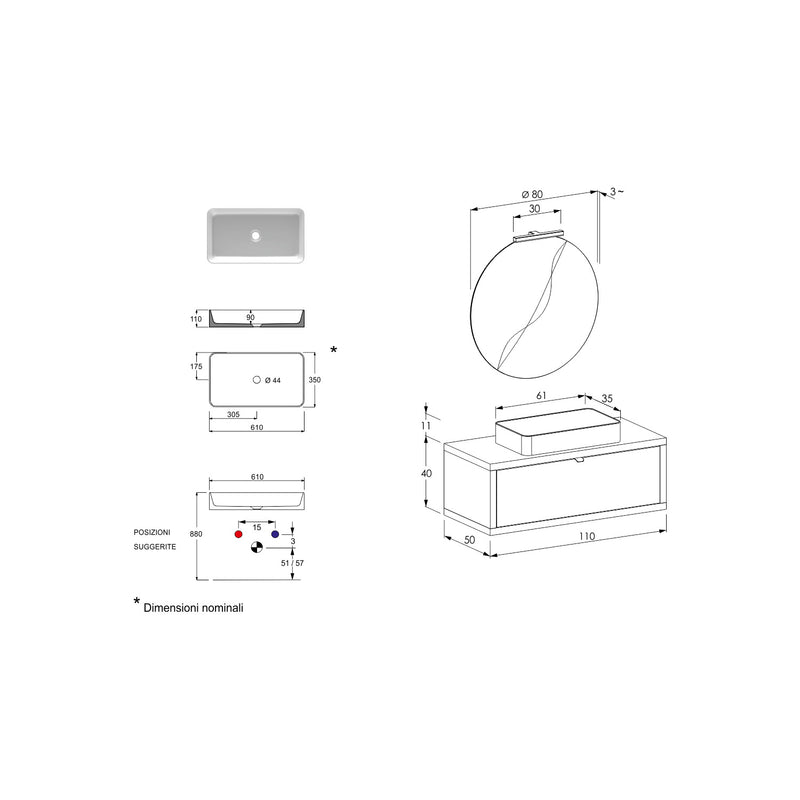 Composizione bagno sospesa Nyumba a 1 cassetto con lavabo, specchio e lampada LED 110x40 cm grigio caldo by CeramicStore | Lo specialista del tuo bagno