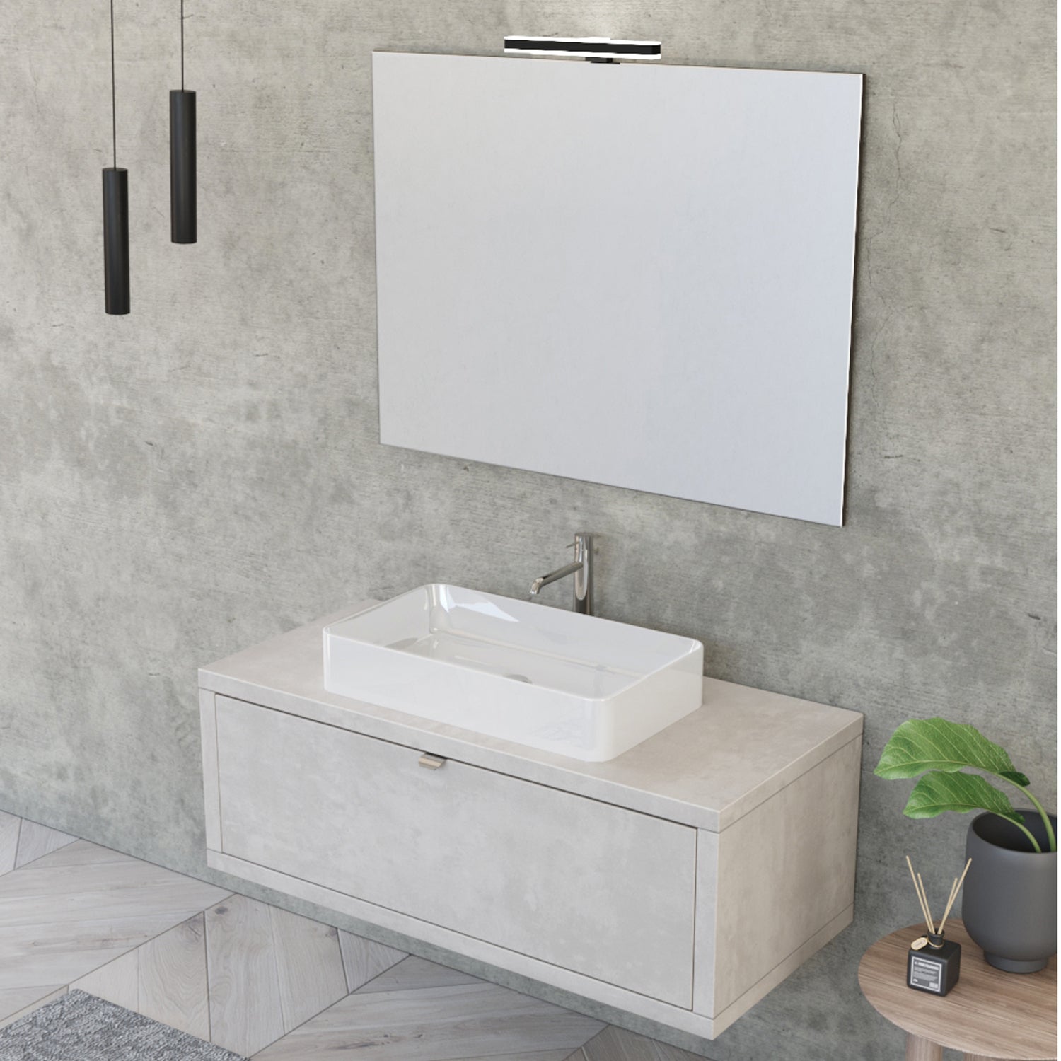 Composizione bagno sospesa Nyumba a 1 cassetto con lavabo, specchio e lampada LED 110x40 cm grigio cielo by CeramicStore | Lo specialista del tuo bagno