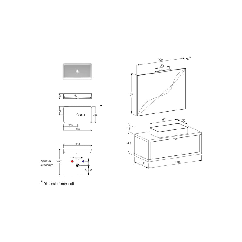 Composizione bagno sospesa Nyumba a 1 cassetto con lavabo, specchio e lampada LED 110x40 cm grigio cielo by CeramicStore | Lo specialista del tuo bagno