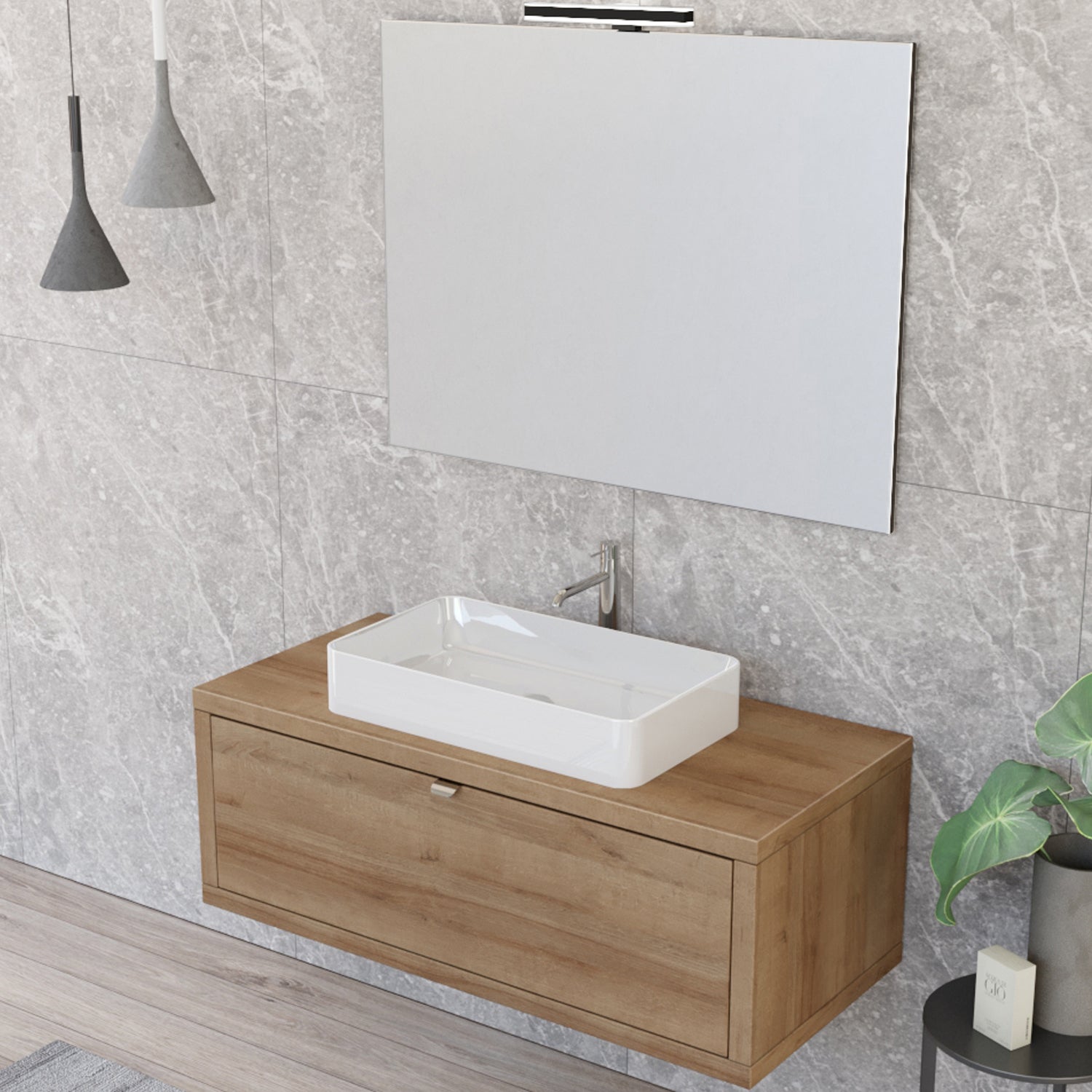 Composizione bagno sospesa Nyumba a 1 cassetto con lavabo, specchio e lampada LED 110x40 cm legno rovere by CeramicStore | Lo specialista del tuo bagno