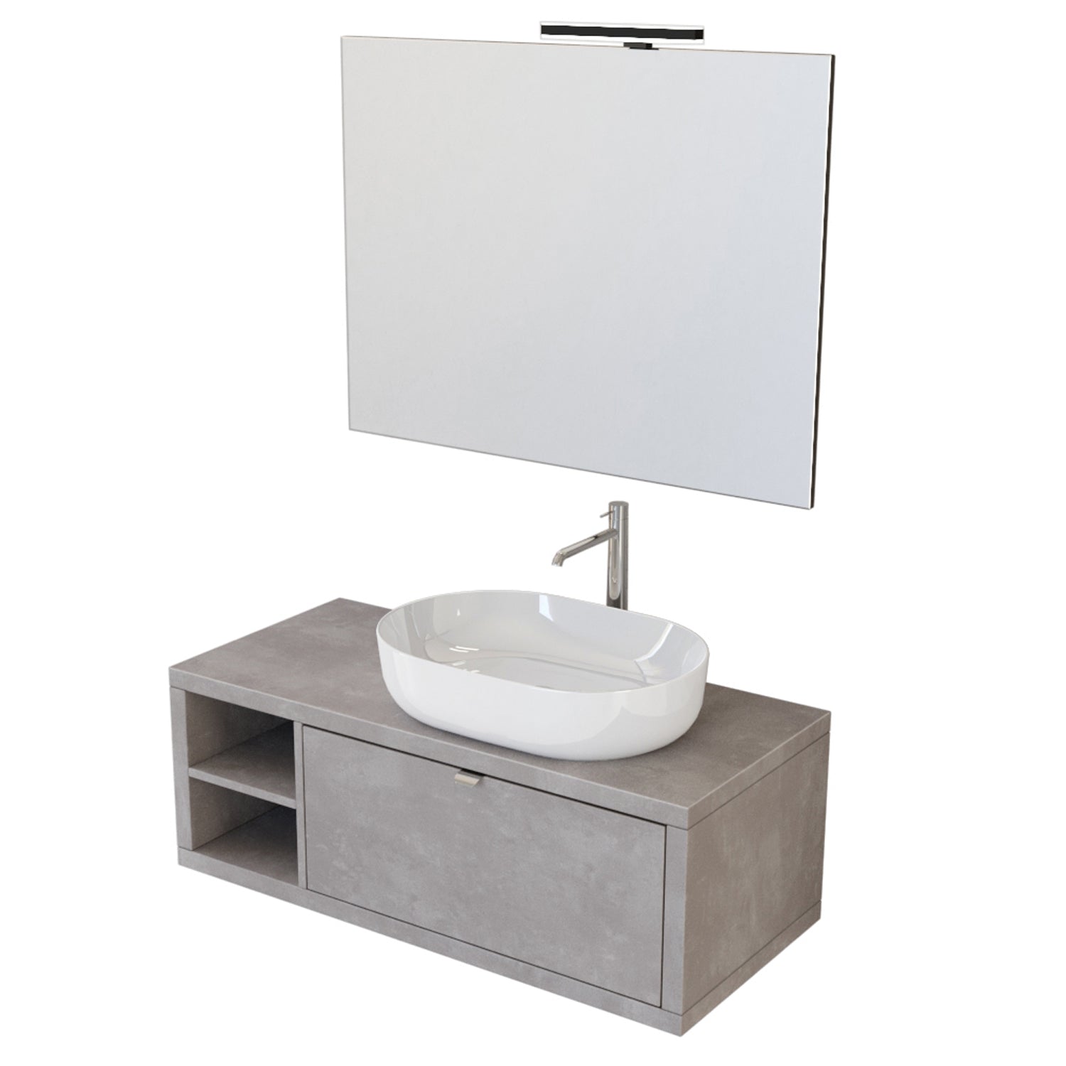 Composizione bagno sospesa Nyumba a 1 cassetto e vano a giorno con lavabo, specchio e lampada LED 110x40 cm grigio caldo by CeramicStore | Lo specialista del tuo bagno