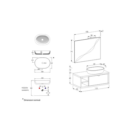 Composizione bagno sospesa Nyumba a 1 cassetto e vano a giorno con lavabo, specchio e lampada LED 110x40 cm grigio caldo by CeramicStore | Lo specialista del tuo bagno