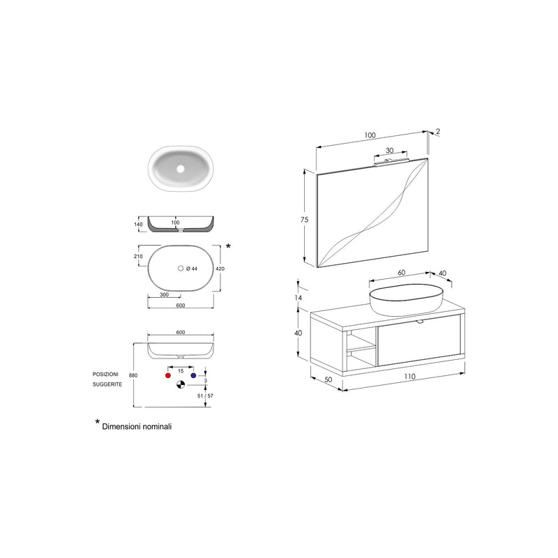 Composizione bagno sospesa Nyumba a 1 cassetto e vano a giorno con lavabo, specchio e lampada LED 110x40 cm grigio caldo by CeramicStore | Lo specialista del tuo bagno