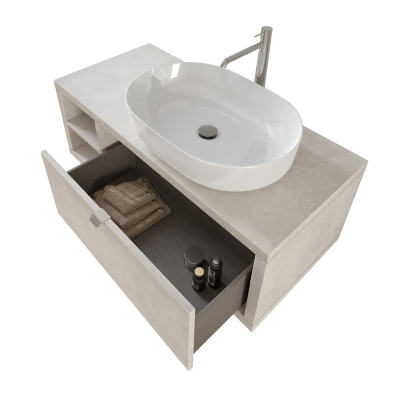 Composizione bagno sospesa Nyumba a 1 cassetto e vano a giorno con lavabo, specchio e lampada LED 110x40 cm grigio cielo by CeramicStore | Lo specialista del tuo bagno
