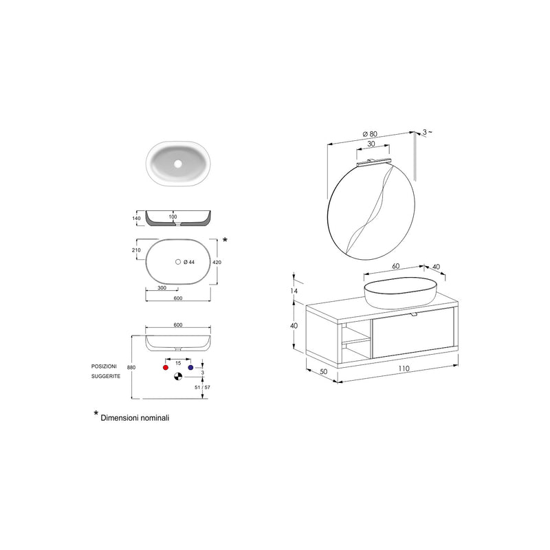 Composizione bagno sospesa Nyumba a 1 cassetto e vano a giorno con lavabo, specchio e lampada LED 110x40 cm grigio cielo by CeramicStore | Lo specialista del tuo bagno