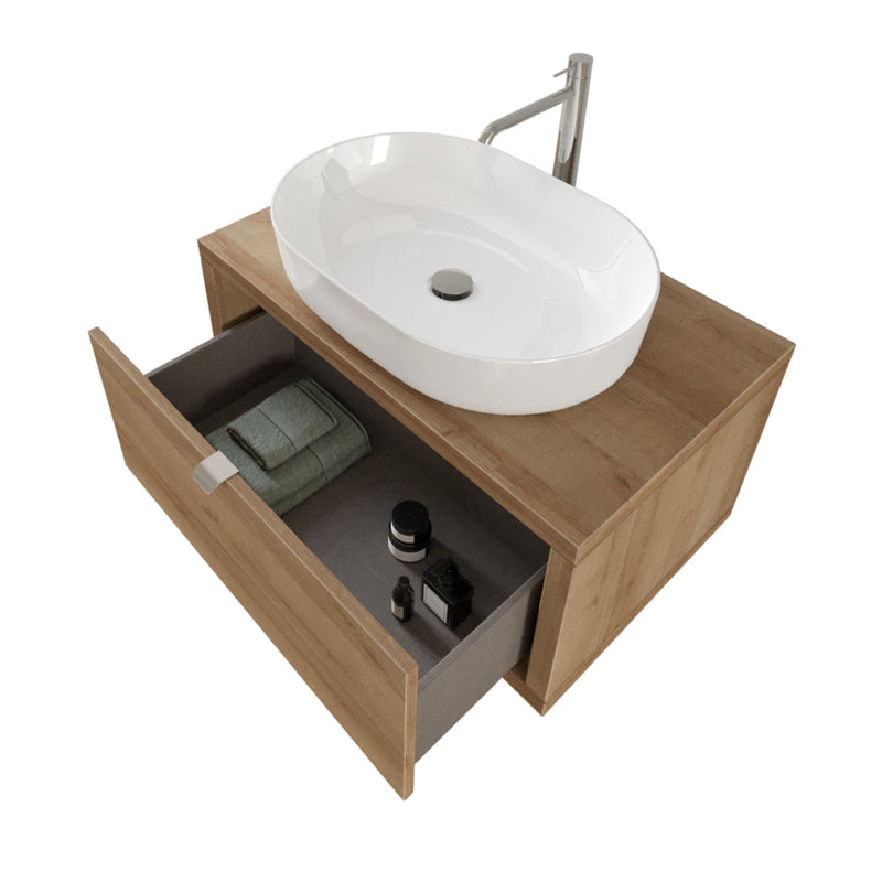 Composizione bagno sospesa Nyumba a 1 cassetto con lavabo, specchio e lampada LED 80x40 cm legno rovere by CeramicStore | Lo specialista del tuo bagno