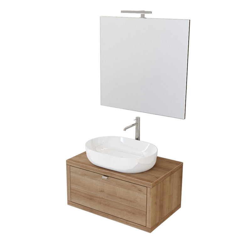 Composizione bagno sospesa Nyumba a 1 cassetto con lavabo, specchio e lampada LED 80x40 cm legno rovere by CeramicStore | Lo specialista del tuo bagno