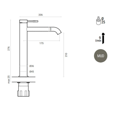 Miscelatore lavabo monocomando alto RubiFlux York Mud con piletta di scarico click-clack - Grigio Fango by CeramicStore | Lo specialista del tuo bagno
