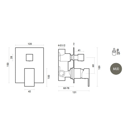 Miscelatore ad incasso quadro per doccia con deviatore 2 vie RubiFlux Square Mud - Grigio Fango by CeramicStore | Lo specialista del tuo bagno