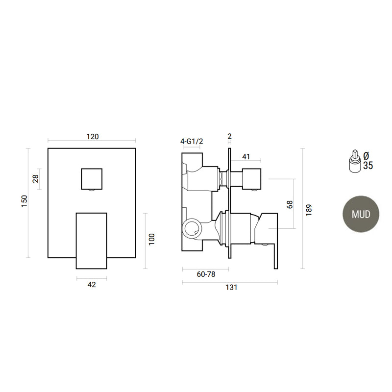 Miscelatore ad incasso quadro per doccia con deviatore 2 vie RubiFlux Square Mud - Grigio Fango by CeramicStore | Lo specialista del tuo bagno