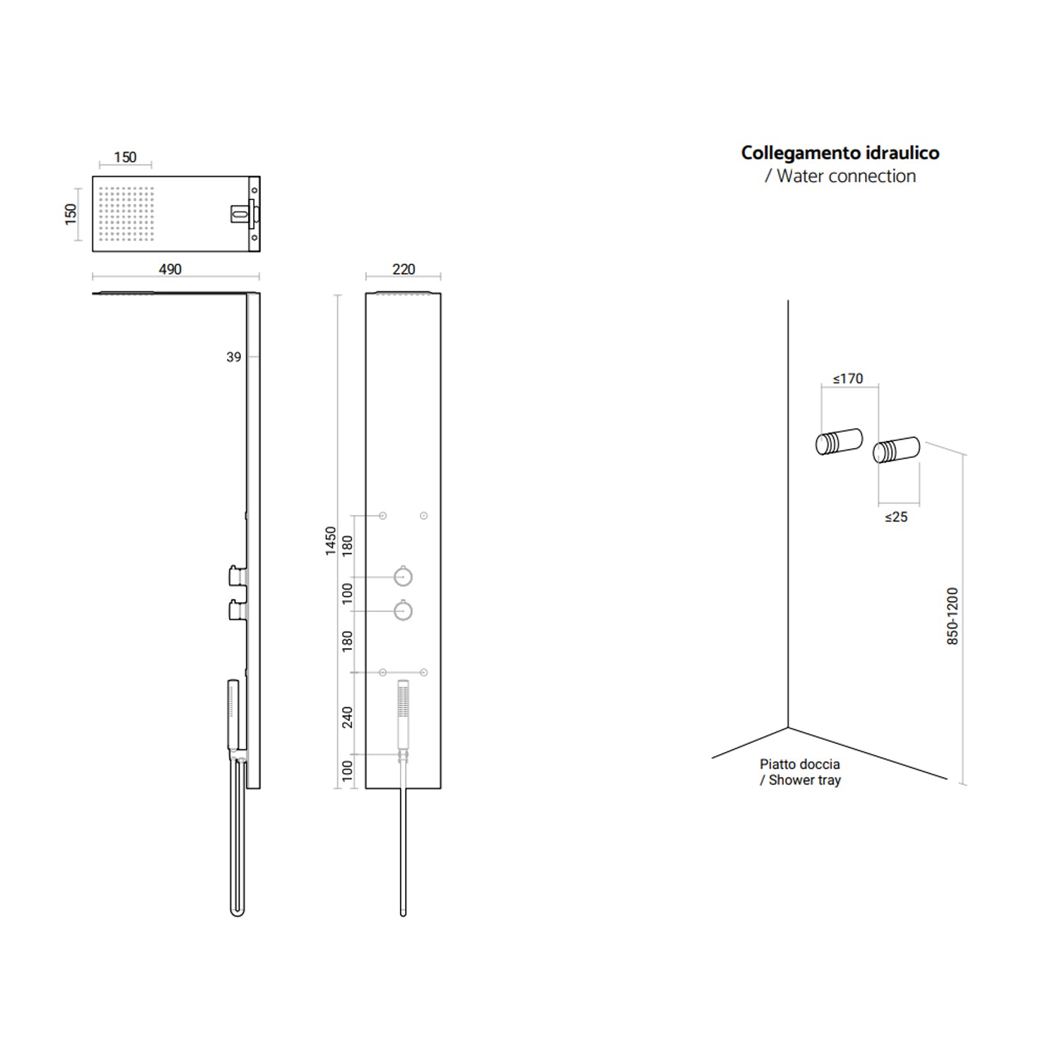 Pannello doccia multifunzionale DocciaGo Paris 145x49 cm acciaio spazzolato - Grigio Fango by CeramicStore | Lo specialista del tuo bagno