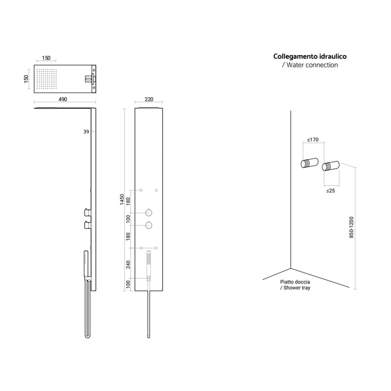 Pannello doccia multifunzionale DocciaGo Paris 145x49 cm acciaio spazzolato - Grigio Fango by CeramicStore | Lo specialista del tuo bagno