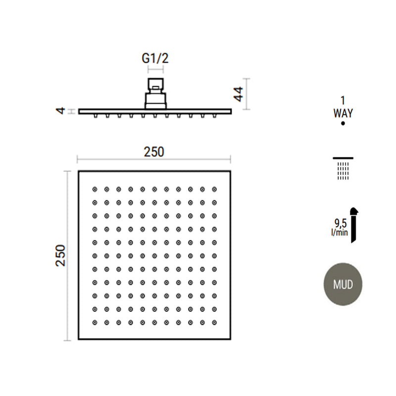 Soffione doccia quadrato 25x25 con getti anticalcare in silicone RubiFlux - Grigio Fango by CeramicStore | Lo specialista del tuo bagno