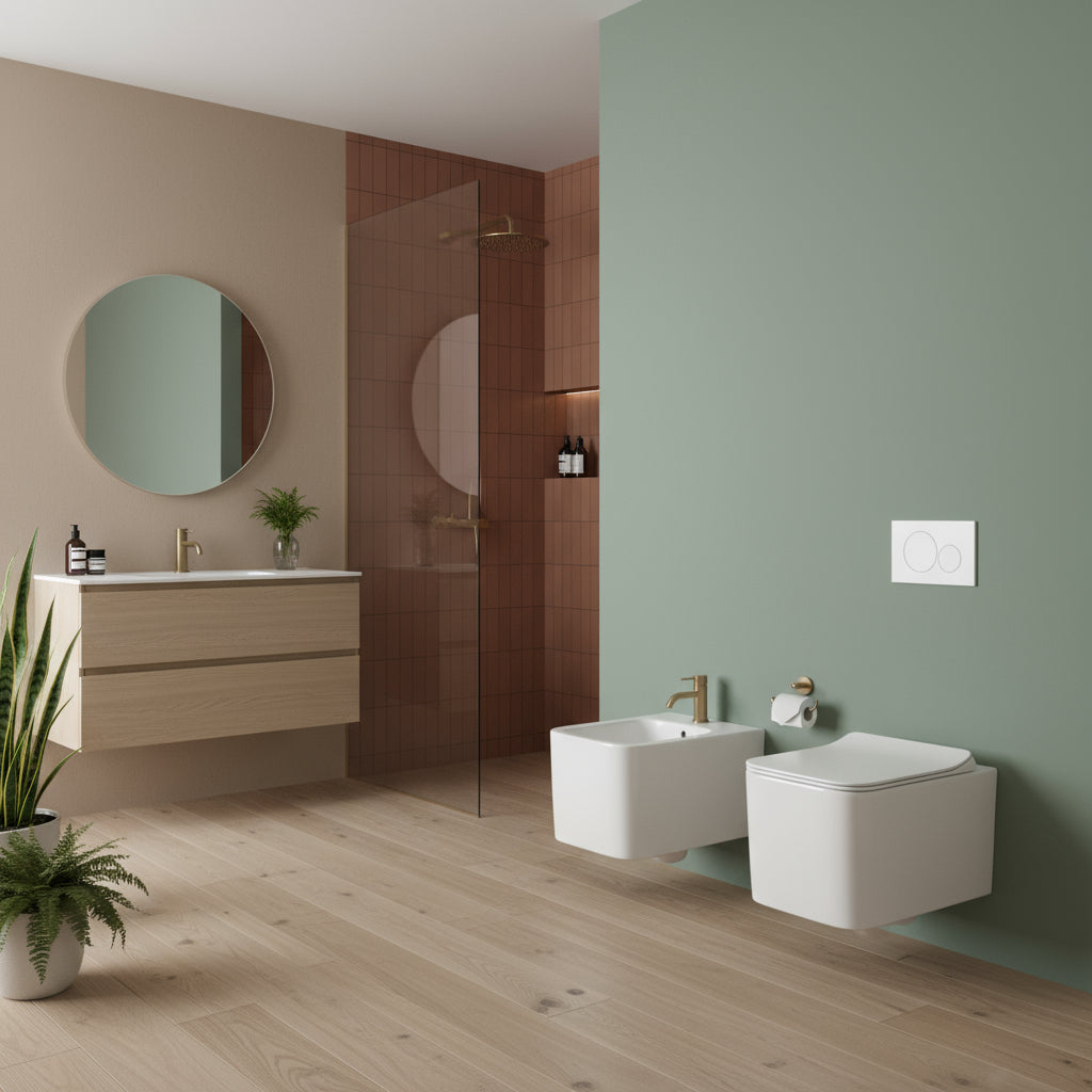 Sanitari sospesi senza brida in ceramica wc-bidet-sedile soft-close slim modello Tak di Althea
