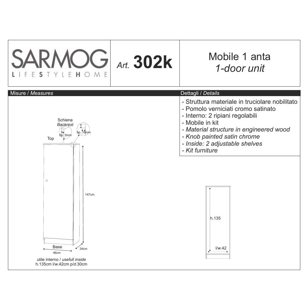 Mobile Colonna con apertura ad un anta e 2 ripiani regolabili finitura Bianco Liscio by Sarmog by CeramicStore | Lo specialista del tuo bagno