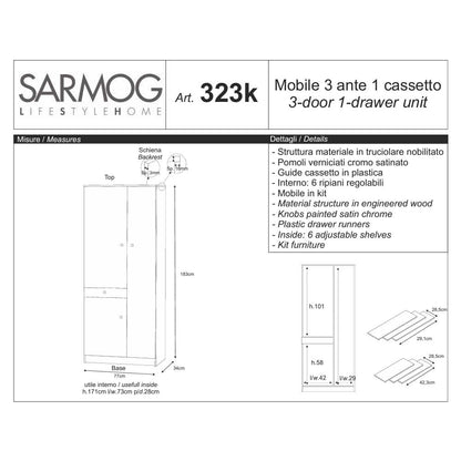 Mobile Multiuso a 3 ante e 1 cassetto con 6 ripiani regolabili finitura Olmo Chiaro by Sarmog by CeramicStore | Lo specialista del tuo bagno