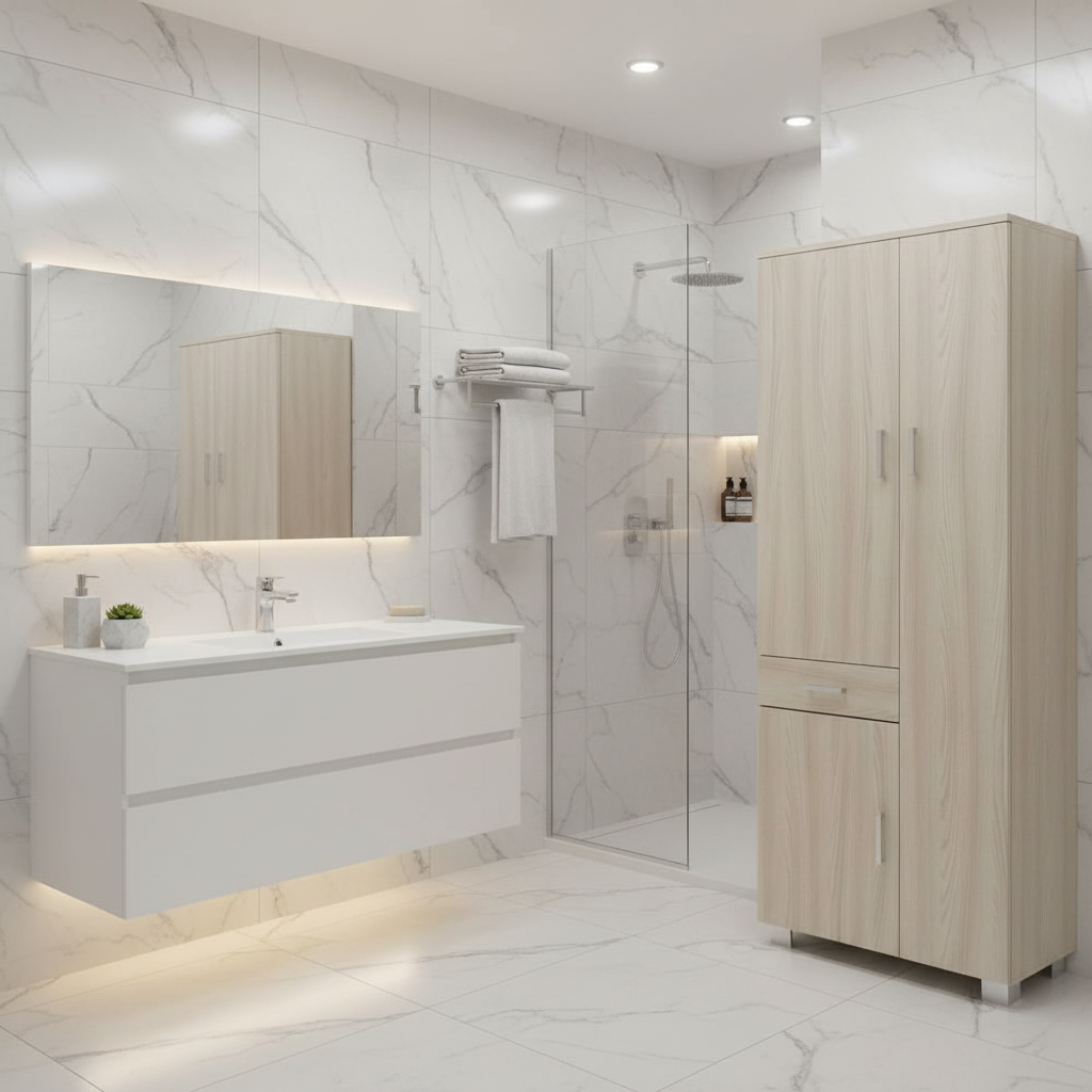 Mobile colonna a 3 ante e 1 cassetto con 6 ripiani finitura Olmo Chiaro by Sarmog