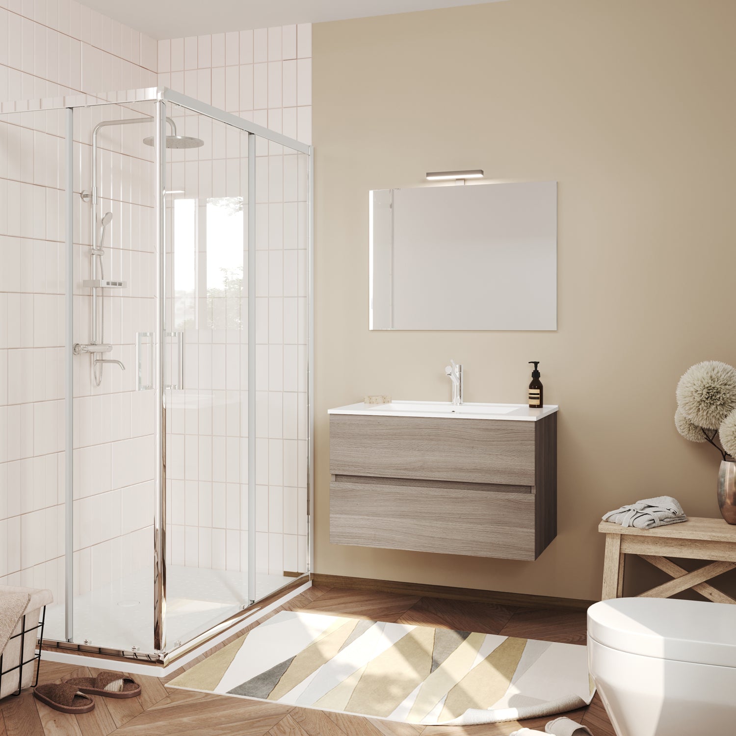 Mobile bagno sospeso con specchiera e lavabo integrato modello Cubi&Co Symmetry Classic 2 - Rovere fumo by CeramicStore | Lo specialista del tuo bagno