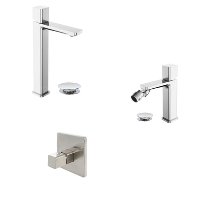 Kit miscelatore lavabo alto + bidet + doccia a una via RubiFlux serie Lilium Modello Grey con piletta clic-clac - Nickel spazzolato