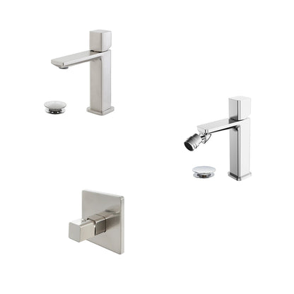 Kit miscelatore lavabo + bidet + doccia a una sola via RubiFlux serie Lilium Modello Grey con piletta clic-clac - Nickel spazzolato