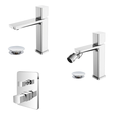 Kit miscelatore lavabo + bidet + doccia a due vie RubiFlux serie Lilium Modello Chrome con piletta clic-clac in acciaio inox - Cromato lucido