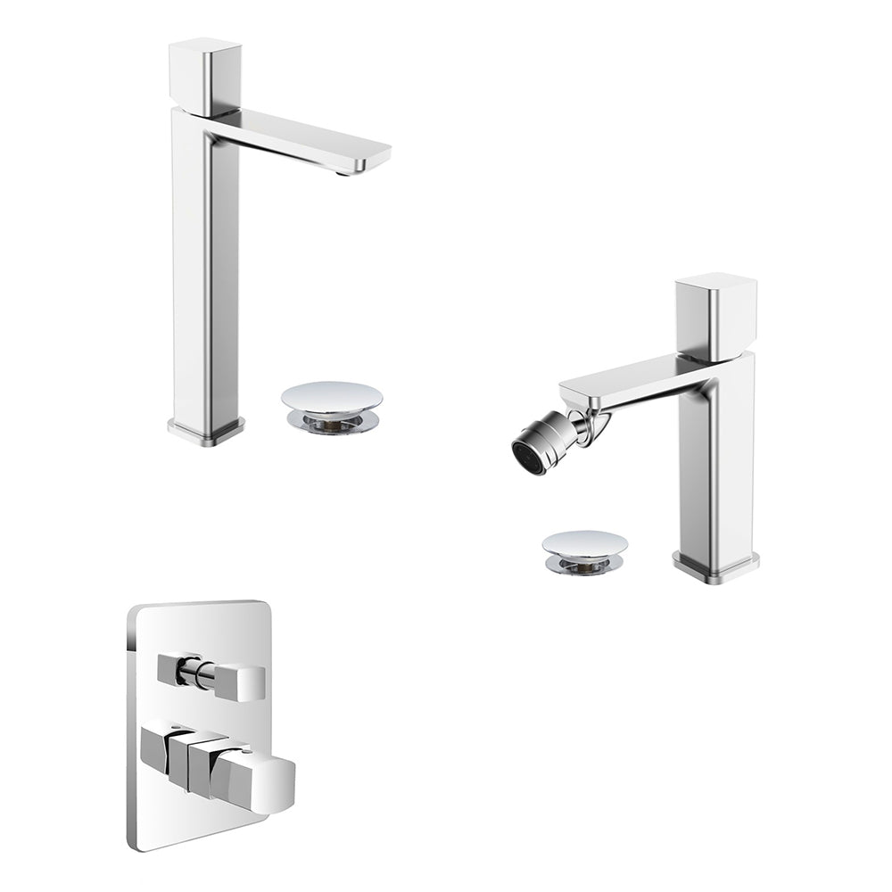 Kit miscelatore lavabo alto + bidet + doccia a due vie RubiFlux serie Lilium Modello Chrome con piletta clic-clac in acciaio inox - Cromato lucido