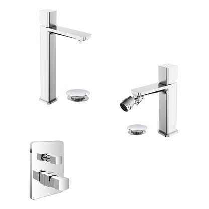Kit miscelatore lavabo alto + bidet + doccia a due vie RubiFlux serie Lilium Modello Chrome con piletta clic-clac in acciaio inox - Cromato lucido