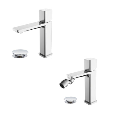 Kit miscelatore lavabo + bidet RubiFlux serie Lilium Modello Chrome con piletta clic-clac in acciaio inox - Cromato lucido