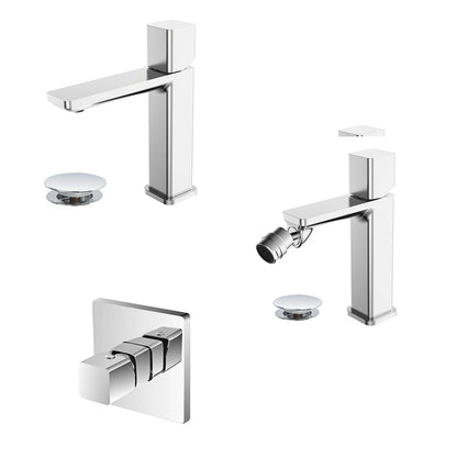 Kit miscelatore lavabo + bidet + doccia a una via RubiFlux serie Lilium Modello Chrome con piletta clic-clac in acciaio inox - Cromato lucido