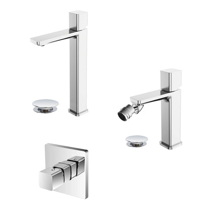 Kit miscelatore lavabo alto + bidet + doccia a una via RubiFlux serie Lilium Modello Chrome con piletta clic-clac in acciaio inox - Cromato lucido