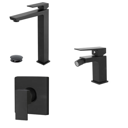 Kit miscelatore lavabo alto, bidet e doccia RubiFlux serie Arkon con scarico clic-clac - Nero Opaco