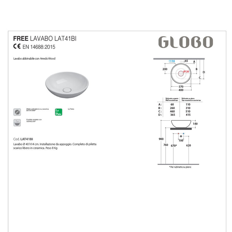 Lavabo d'appoggio bianco Free Ceramica Globo diametro 40 cm altezza 14 cm