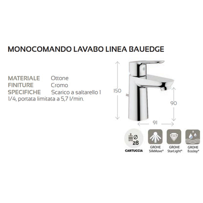 Miscelatore monocomando lavabo Grohe linea Bauedge cartuccia a dischi ceramici da 28 mm by CeramicStore | Lo specialista del tuo bagno