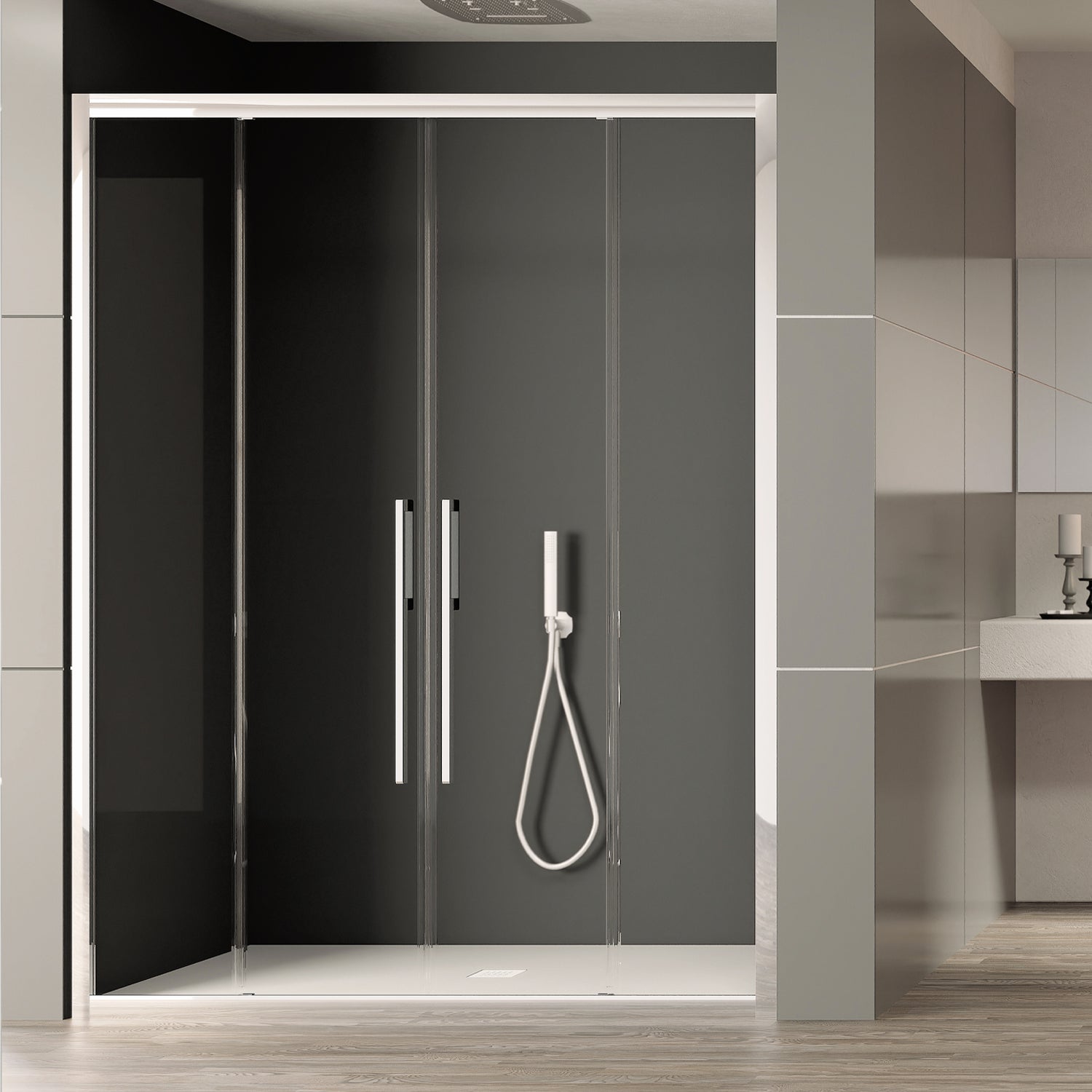 Porta doccia due ante scorrevoli 150cm cristallo trasparente 6mm h195 profilo argento Made in Italy by CeramicStore | Lo specialista del tuo bagno
