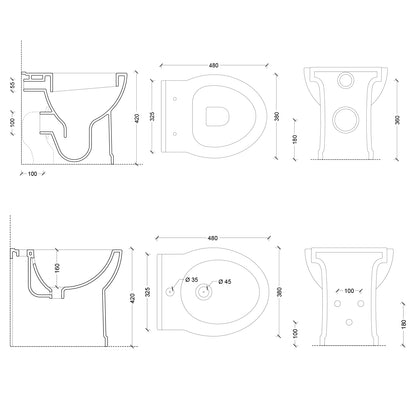 Sanitari filomuro con scarico universale e sedile incluso serie Isola 48x38 cm - Nero Opaco