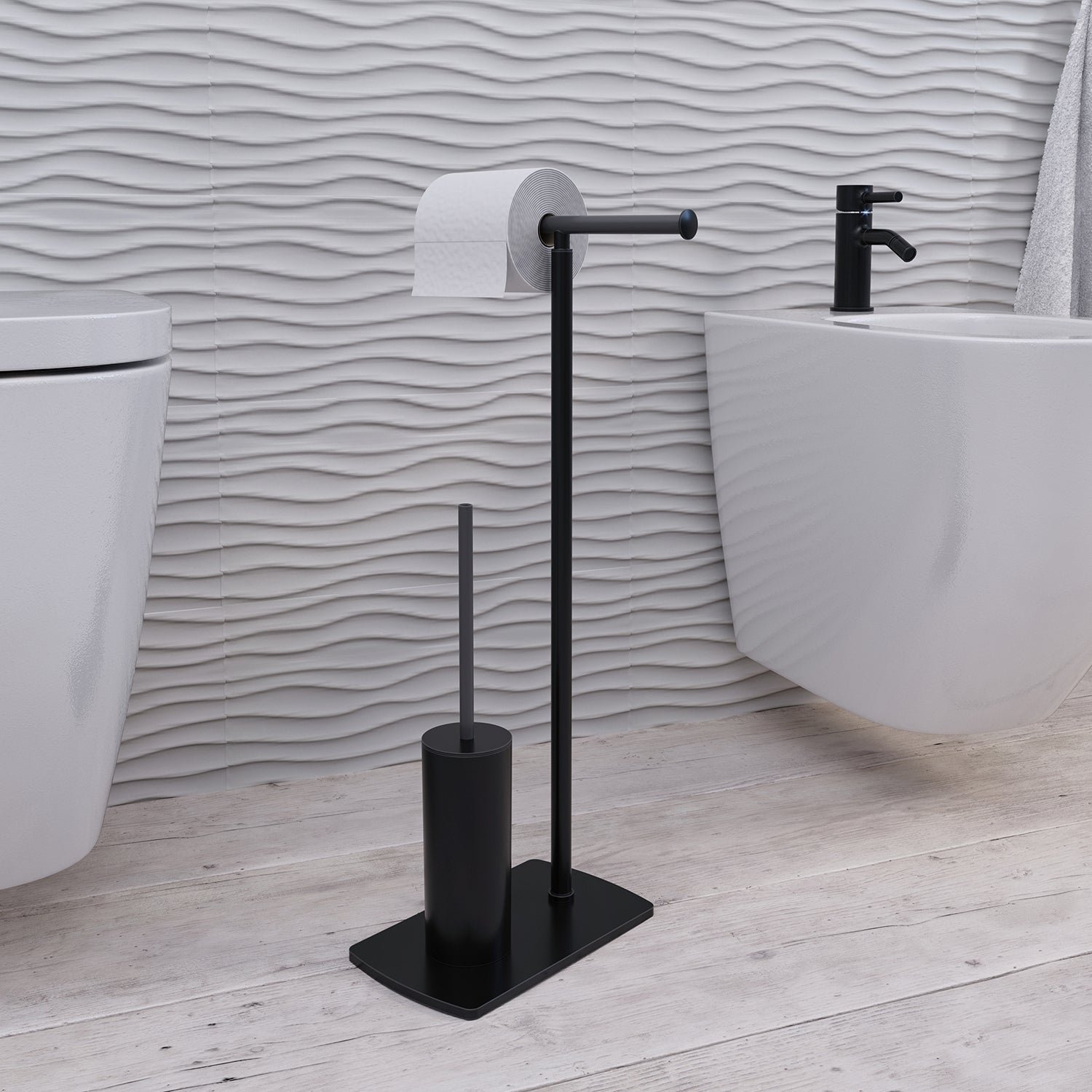 Piantana portarotolo e scopino in Acciaio Inox modello Florida di Gedy - Nero Matt