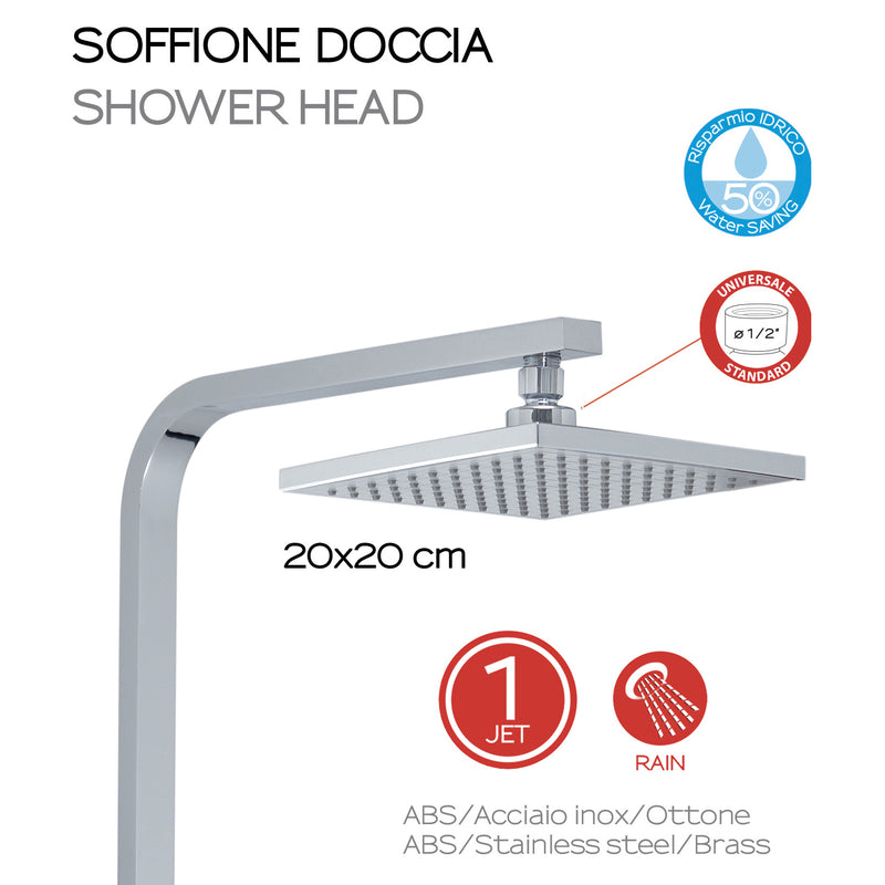 Colonna doccia regolabile da 100 cm con soffione quadrato 20x20 cm doccetta e deviatore modello STAR 01 by CeramicStore | Lo specialista del tuo bagno