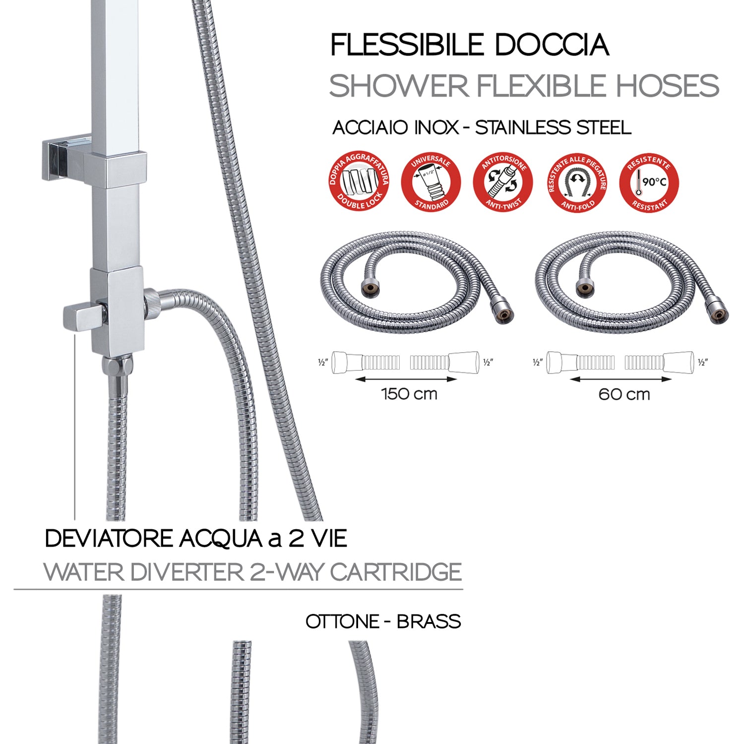 Colonna doccia regolabile da 100 cm con soffione quadrato 20x20 cm doccetta e deviatore modello STAR 01 by CeramicStore | Lo specialista del tuo bagno