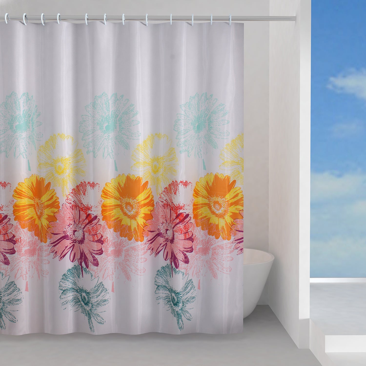 Tenda doccia in tessuto 120x200 cm modello Frenesia di Gedy - Rosa/Giallo/Turchese by CeramicStore | Lo specialista del tuo bagno